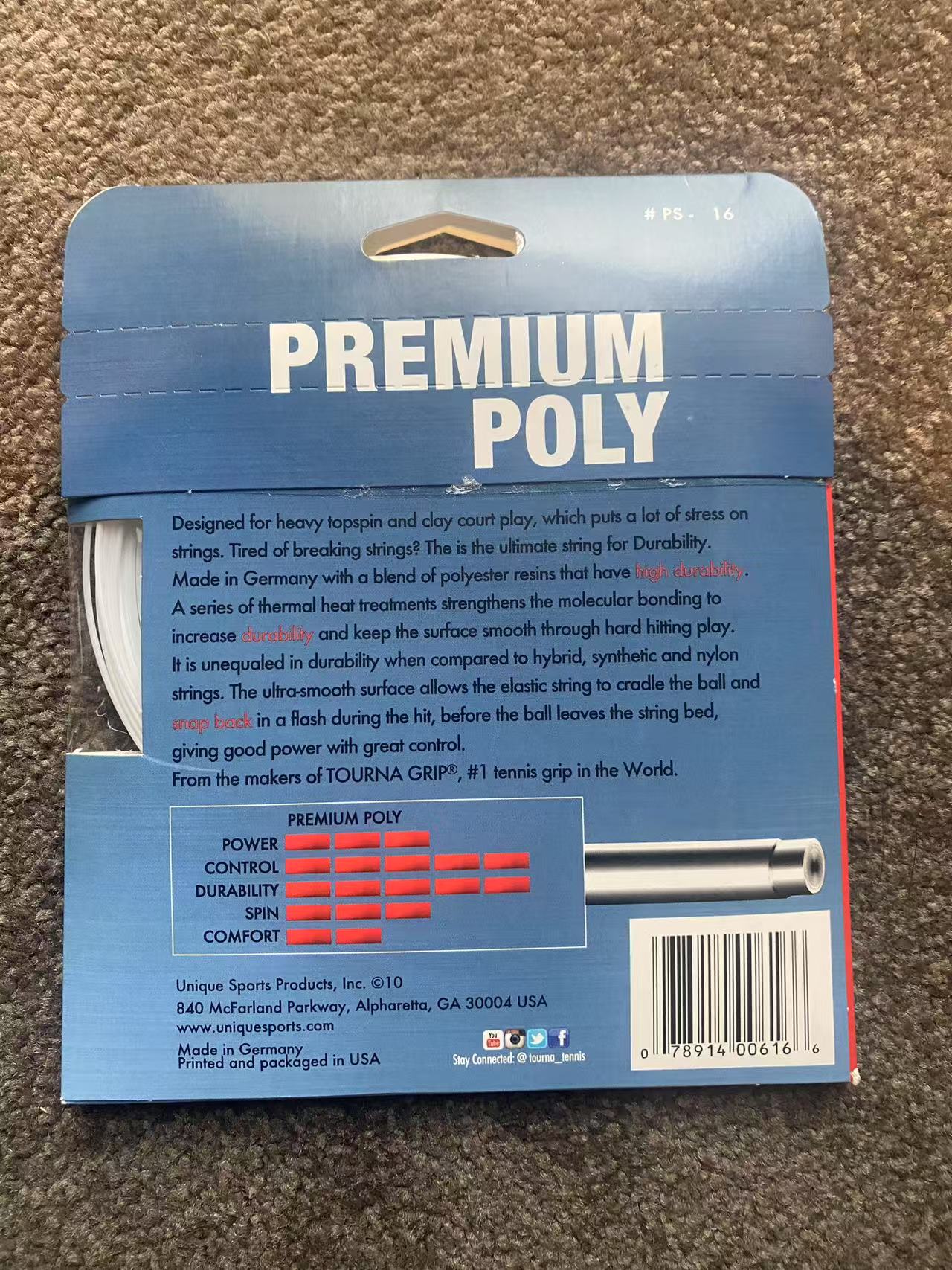 Tourna Premium Poly 16 Tennis String 12M set White