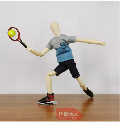 Wooden figure playing tennis （Height 30 CM）Blue Clothing  Gift Package
