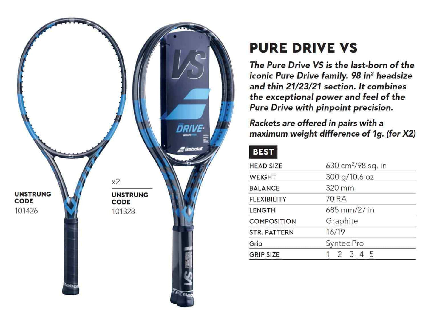 Babolat Pure Drive VS NC x2 Tennis Racquet 101328-319 CHROME BLUE G2 4 1/4