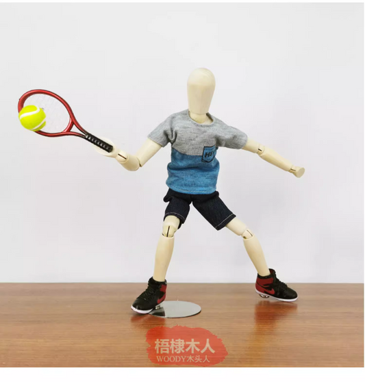 Wooden figure playing tennis（Height 30 CM）Blue Clothing