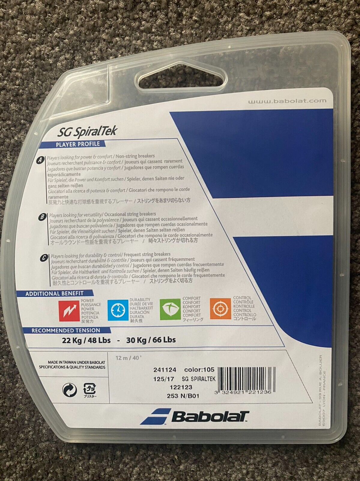 Babolat SG SPIRALTEK 125/17 Synthetic gut Tennis String 12M SET (BLACK)